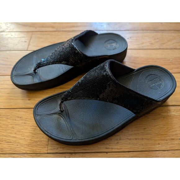 FITFLOP Black Sequin Flip Flops Thong Sandals Comfort Sole Women's Size 9 - Picture 1 of 10